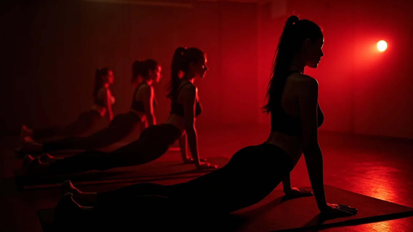 Heated mat Pilates class in motion at a warm boutique studio