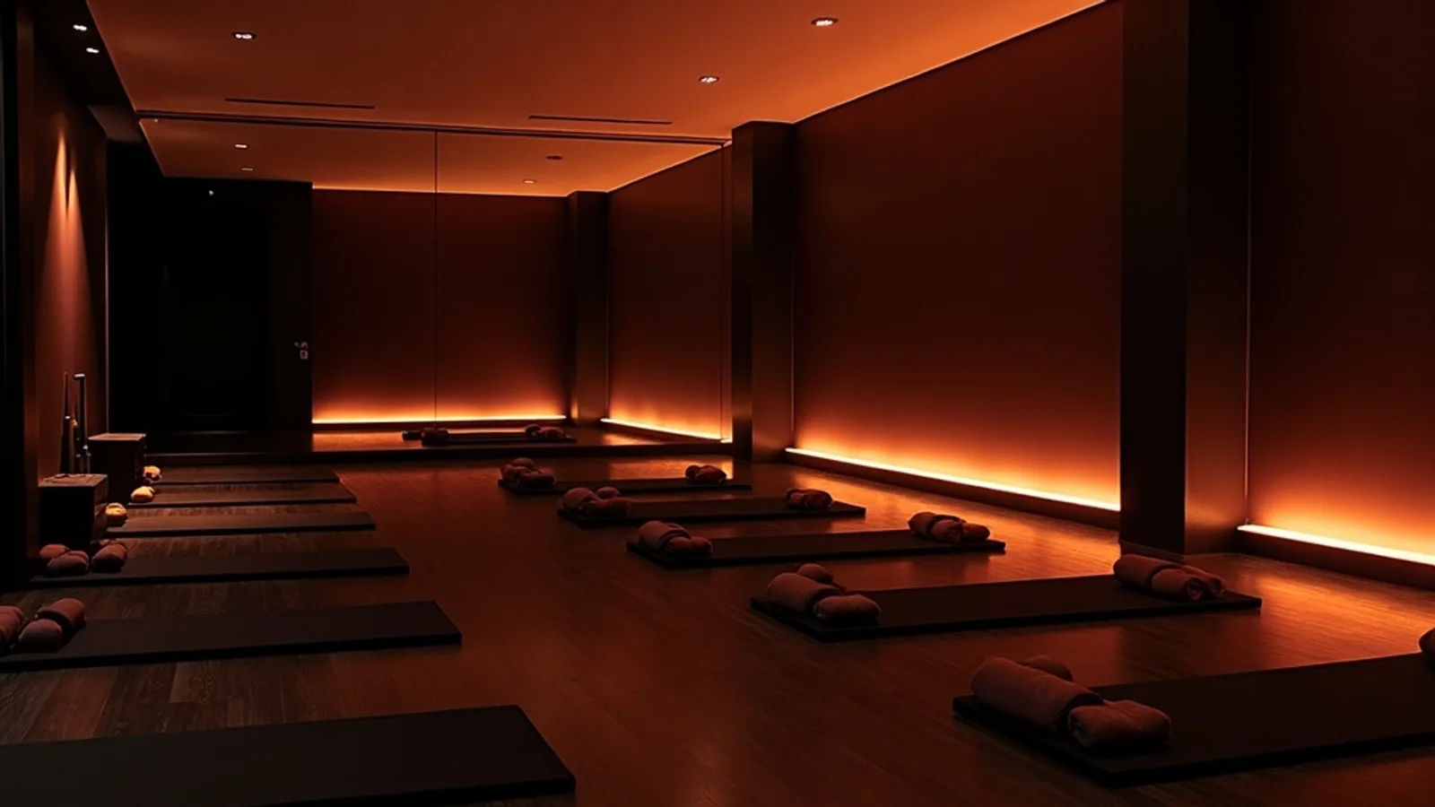 Warm, light-filled boutique hot Pilates studio interior with mats laid out